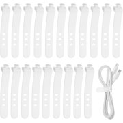 UEIWMX-20Pcs Silicone Cable Ties, 3 Hole Reusable Rubber Cord Tie Adjustable Elastic Cord Wraps with Locking Buckle, Multi Purpose Cable Strap for Home Office Travel Wires, White