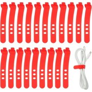 UEIWMX-20Pcs Silicone Cable Ties, 3 Hole Reusable Rubber Cord Tie Adjustable Elastic Cord Wraps with Locking Buckle, Multi Purpose Cable Strap for Home Office Travel Wires, Red