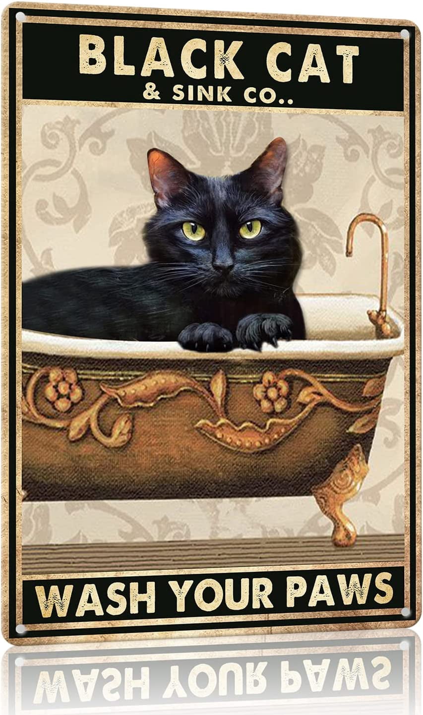 UEJUNBO Funny Bathroom Metal Tin Sign Wall Decor, Black Cat Wash Your ...