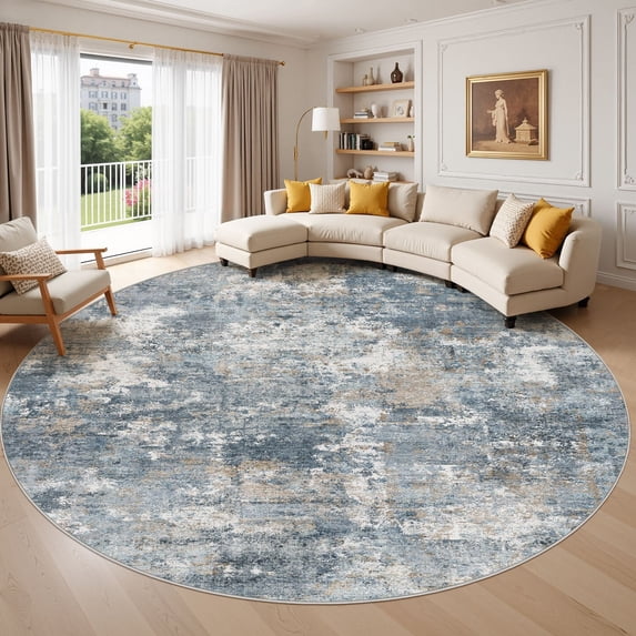 UERMEI 10'x10' Round Washable Area Rugs for Living Room, Modern Abstract Printed Rug, Vacuum-Friendly, Non Slip Indoor Rug for Bedroom Entryway Home Decor Carpet, Blue/Brown
