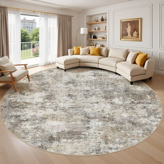 UERMEI 10'x10' Round Washable Area Rugs for Living Room, Modern Abstract Printed Rug, Vacuum-Friendly, Non Slip Indoor Rug for Bedroom Entryway Home Decor Carpet, Gold Brown