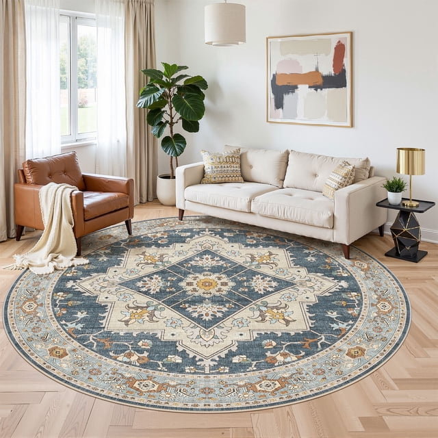 UERMEI 10'x10' Round Washable Area Rugs for Living Room, Vintage Floral Boho Printed Carpet, Non Slip Indoor Large Rugs for Bedroom Home Decor Carpets, Blue