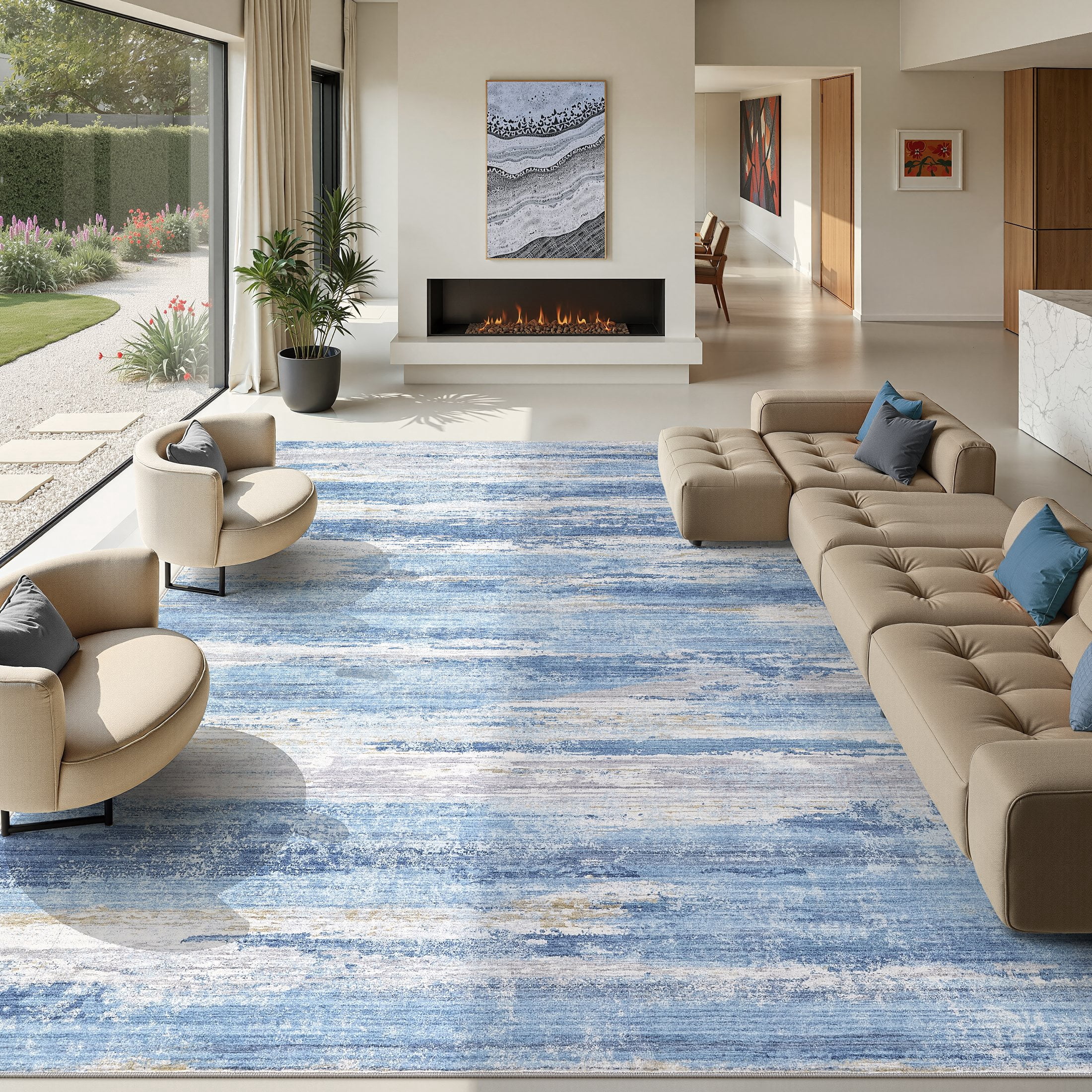 UERMEI 10'x12' Area Rugs for Living Room, Modern Abstract Washable Rug for Bedroom Dining Room Office, Non-Slip Soft Low Pile Home Decor Carpet Accent Rug, Sky Blue