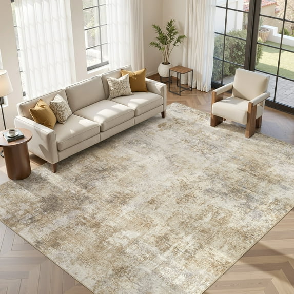 UERMEI 10x12 Washable Area Rugs for Living Room, Modern Abstract Printed Rug, Vacuum-Friendly, Non Slip Indoor Rug for Bedroom Dining Room Home Decor Carpet, Gold/Brown