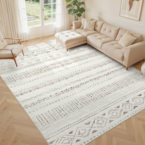 UERMEI 10'x12' Area Rugs for Living Room, Washable Rugs Boho Moroccan Area Rug Soft Neutral Geometric Bohemian Carpet Distressed Indoor Rug for Bedroom Dining Room Office Foldable Nonslip Rug, Brown