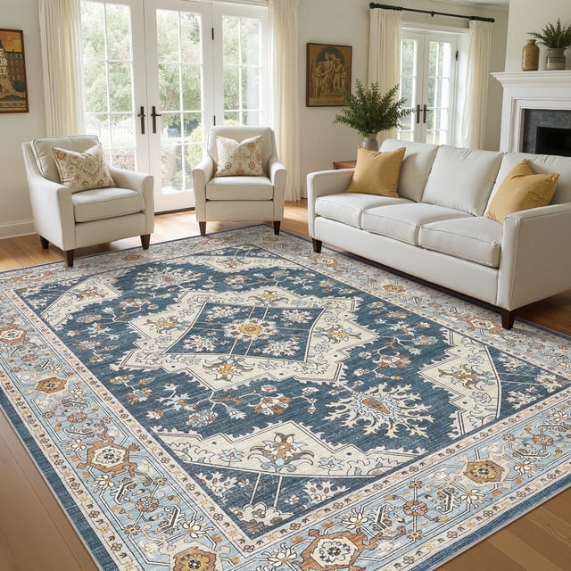 UERMEI 10'x12' Washable Large Area Rugs for Living Room, Vacuum friendly, Vintage Floral Boho Printed Carpet, Non Slip Indoor Rugs for Bedroom Home Decor Carpets, Blue