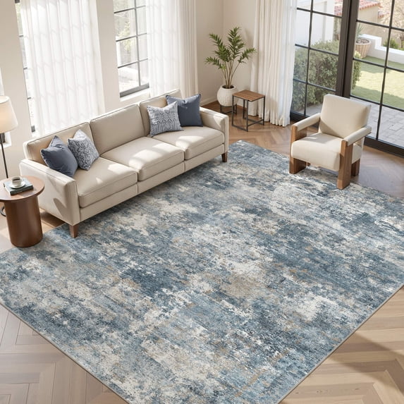 UERMEI 10'x12' Washable Area Rugs for Living Room, Modern Abstract Printed Carpet, Non Slip Indoor Rug for Bedroom Home Decor Carpets, Blue/Brown
