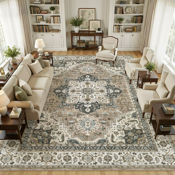 UERMEI 10'x14' Large Area Rugs for Living Room, Non-slip Washable Vintage Indoor Rug for Bedroom Dining Room Office, Soft Low Pile Floral Rug Home Decor Carpet, Brown Beige