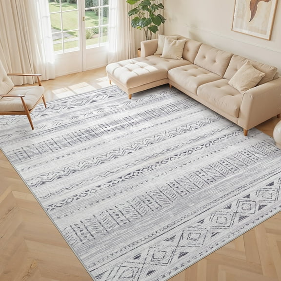 UERMEI 10'x14' Area Rugs for Living Room, Washable Rugs Boho Moroccan Area Rug Soft Neutral Geometric Bohemian Carpet Distressed Indoor Rug for Bedroom Dining Room Office Foldable Nonslip Rug, Gray