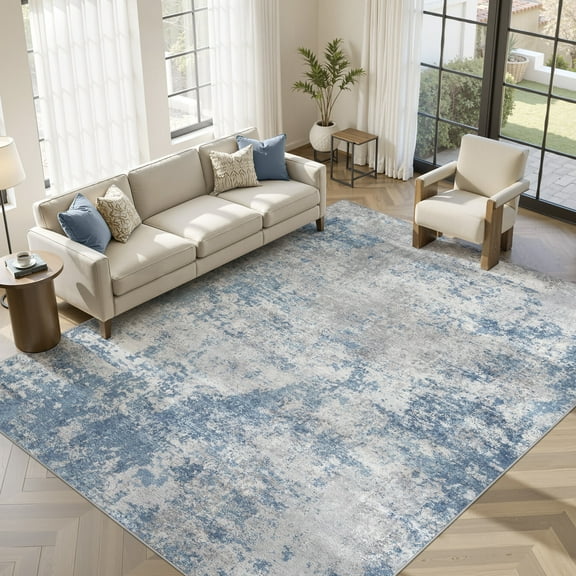 UERMEI 10x14 Washable Area Rugs for Living Room, Modern Abstract Printed Rug, Vacuum-Friendly, Non Slip Indoor Rug for Bedroom Dining Room Home Decor Carpet, Ice Blue