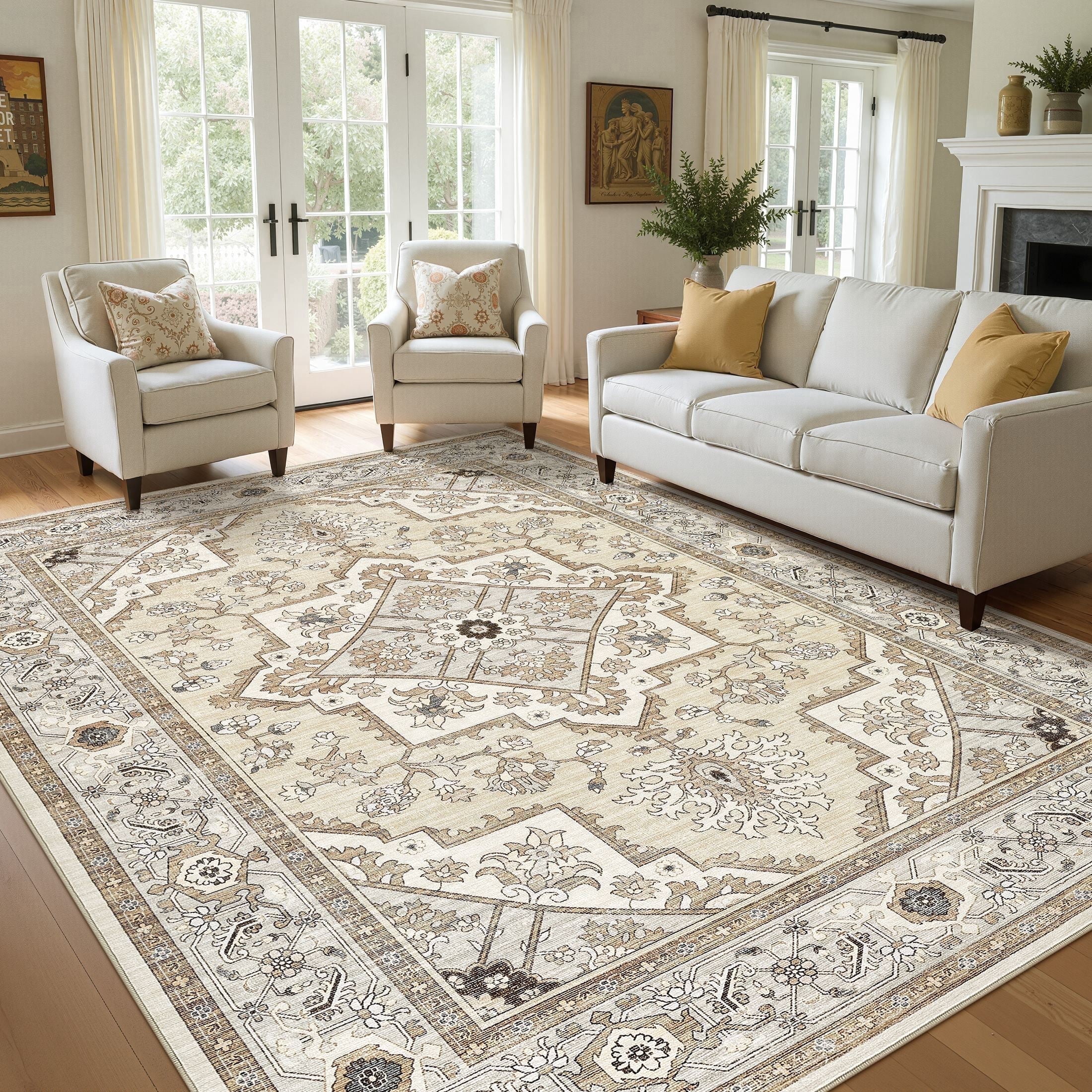UERMEI 10'x14' Washable Large Area Rugs for Living Room, Vacuum friendly, Vintage Floral Boho Printed Carpet, Non Slip Indoor Rugs for Bedroom Home Decor Carpets, Brown/Cream