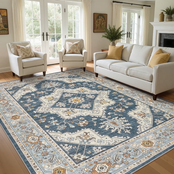 UERMEI 10'x14' Washable Large Area Rugs for Living Room, Vacuum friendly, Vintage Floral Boho Printed Carpet, Non Slip Indoor Rugs for Bedroom Home Decor Carpets, Blue