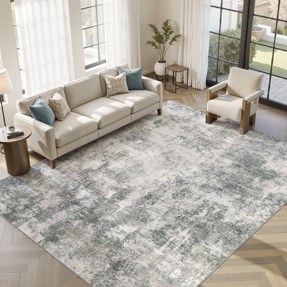 UERMEI 10x14 Washable Area Rugs for Living Room, Modern Abstract Printed Rug, Vacuum-Friendly, Non Slip Indoor Rug for Bedroom Dining Room Home Decor Carpet, Green/Gray