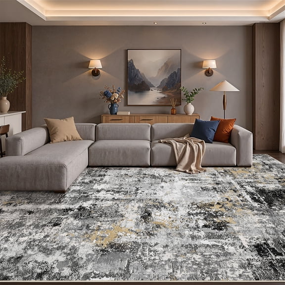 UERMEI 10'x14' Washable Area Rugs for Living Room, Modern Abstract Printed Carpet, Non Slip Indoor Rug for Bedroom Home Decor Carpets, Black/Gold