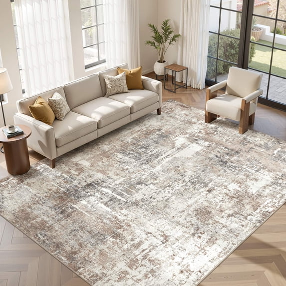 UERMEI 10'x14' Large Area Rugs for Living Room, Washable Non Slip Indoor Rug for Bedroom Home Decor Carpets, Modern Abstract Printed Carpet, Brown