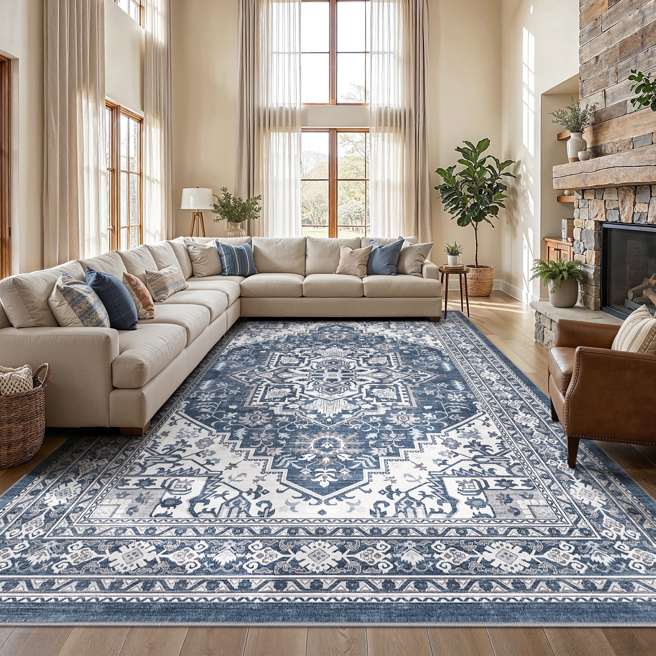 UERMEI 10x14 Washable Area Rugs for Living Room, Modern Vintage Printed Rug, Vacuum-Friendly, Non Slip Indoor Rug for Bedroom Dining Room Home Decor Carpet, Blue