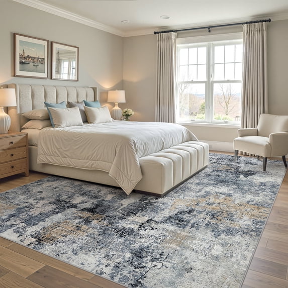 UERMEI 10x14 Washable Area Rugs for Living Room, Modern Abstract Printed Rug, Vacuum-Friendly, Non Slip Indoor Rug for Bedroom Dining Room Home Decor Carpet, Dark blue