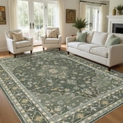 UERMEI 10x14 Washable Area Rugs for Living Room, Vintage Printed Rug, Vacuum-Friendly, Non Slip Indoor Rug for Bedroom Dining Room Home Decor Carpet, Dark Sage 