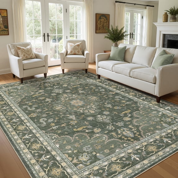 UERMEI 10x14 Washable Area Rugs for Living Room, Vintage Printed Rug, Vacuum-Friendly, Non Slip Indoor Rug for Bedroom Dining Room Home Decor Carpet, Dark Sage Green