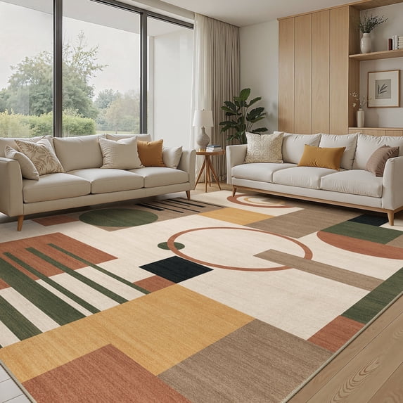 MICGEEK 10x14 Washable Area Rugs for Living Room, Modern Geometric Printed Rug, Vacuum-Friendly, Non Slip Indoor Rug for Bedroom Dining Room Home Decor Carpet, Beige Multi