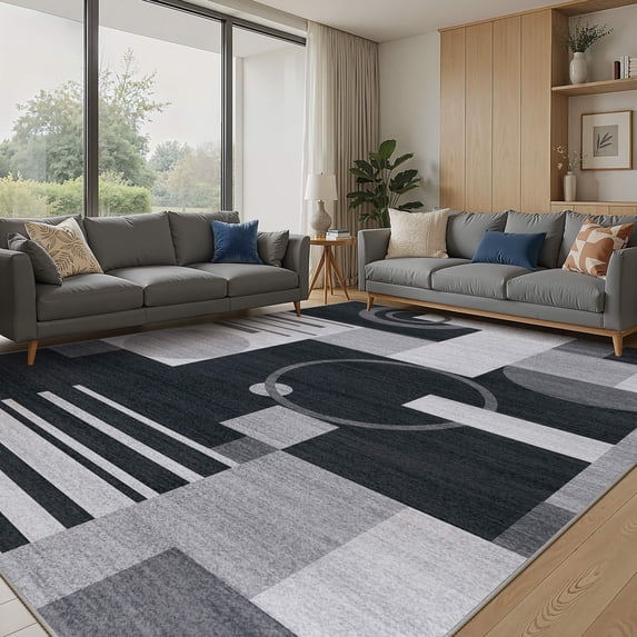 MICGEEK 10x14 Washable Area Rugs for Living Room, Modern Geometric Printed Rug, Vacuum-Friendly, Non Slip Indoor Rug for Bedroom Dining Room Home Decor Carpet, Black/Gray