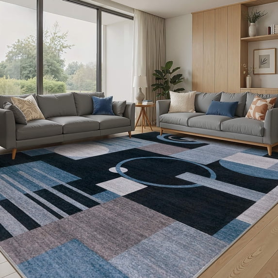 MICGEEK 10x14 Washable Area Rugs for Living Room, Modern Geometric Printed Rug, Vacuum-Friendly, Non Slip Indoor Rug for Bedroom Dining Room Home Decor Carpet, Charcoal Blue