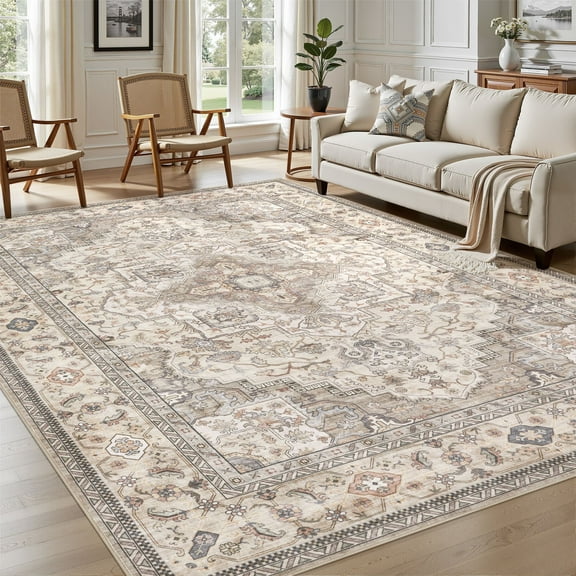 UERMEI 12'x15' Washable Area Rugs for Living Room, Vintage Floral Boho Printed Carpet, Non Slip Indoor Large Rugs for Bedroom Home Decor Carpets, with 6Pcs Rug Tape - Beige Brown