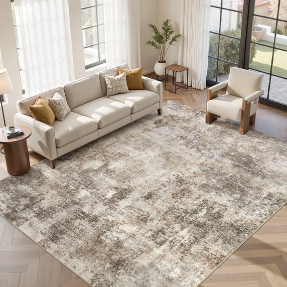 UERMEI 12x15 Washable Area Rugs for Living Room, Modern Abstract Printed Rug, Vacuum-Friendly, Non Slip Indoor Rug for Bedroom Dining Room Home Decor Carpet, Dark Brown