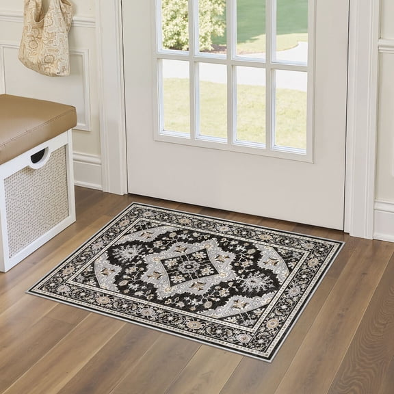 UERMEI 2'x3' Area Rugs for Entryway, Washable Non-slip Soft Indoor Door Mats, Vintage Floral Boho Printed Carpet for Bedroom Home Decor Carpets - Black/Gray