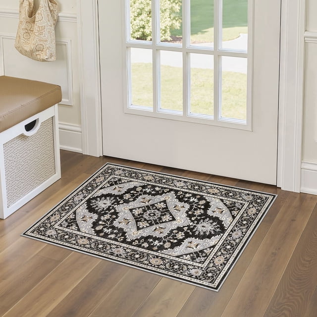 UERMEI 2'x3' Area Rugs for Entryway, Washable Non-slip Soft Indoor Door Mats, Vintage Floral Boho Printed Carpet for Bedroom Home Decor Carpets - Black/Gray