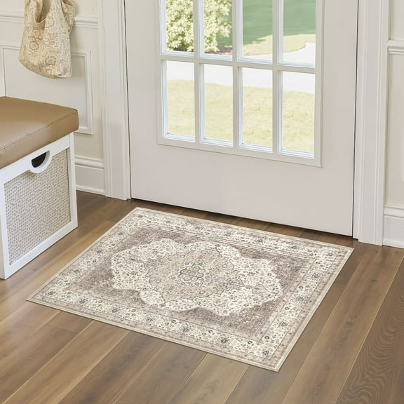 UERMEI 2'x3' Area Rugs for Entryway, Washable Non-slip Soft Indoor Door Mats, Vintage Floral Boho Printed Carpet for Bedroom Home Decor Carpets - Brown