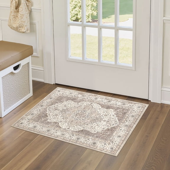 UERMEI 2'x3' Area Rugs for Entryway, Washable Non-slip Soft Indoor Door Mats, Vintage Floral Boho Printed Carpet for Bedroom Home Decor Carpets - Brown