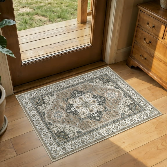 UERMEI 2'x3' Area Rugs, Non-slip Washable Vintage Small Throw Rugs Carpet for Entrance Entryway Bedroom Laundry Room, Low Pile Indoor Rug Floral Rug Home Decor Carpet, Brown Beige