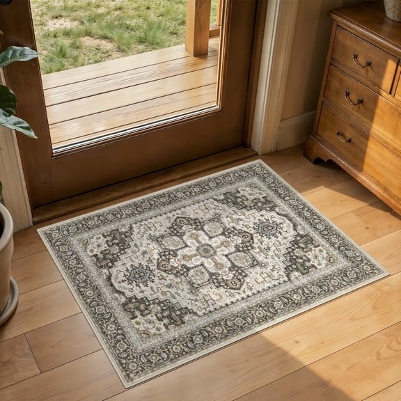 UERMEI 2'x3' Area Rugs, Non-slip Washable Vintage Small Throw Rugs Carpet for Entrance Entryway Bedroom Laundry Room, Low Pile Indoor Rug Floral Rug Home Decor Carpet, Brown Green