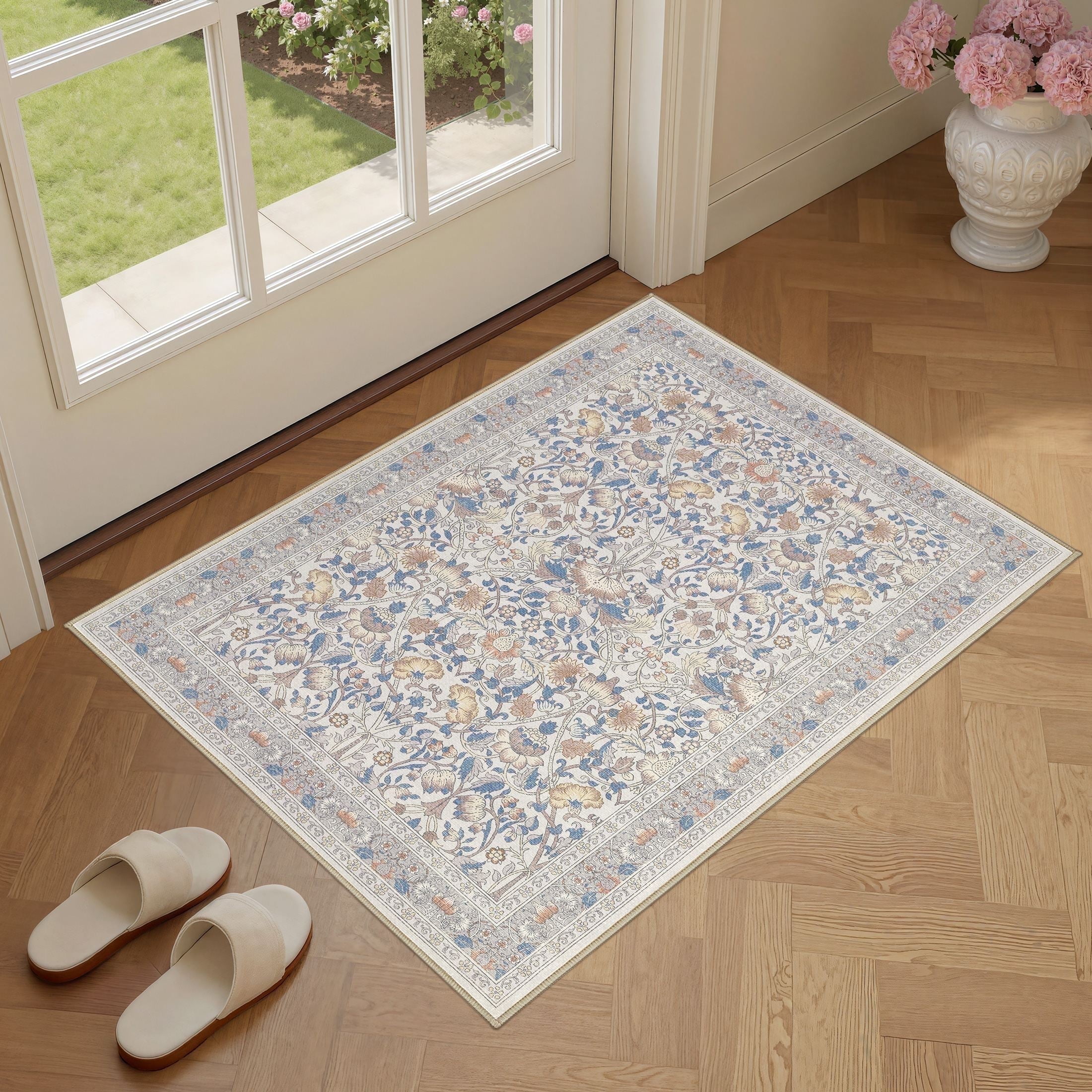 UERMEI 2x3 Small Area Rugs for Entryway, Machine Washable Non Slip Indoor Door Mats, Floral Throw Rug for Bedroom Hallway, Laundry Room Carpets - Beige/Blue/Brown