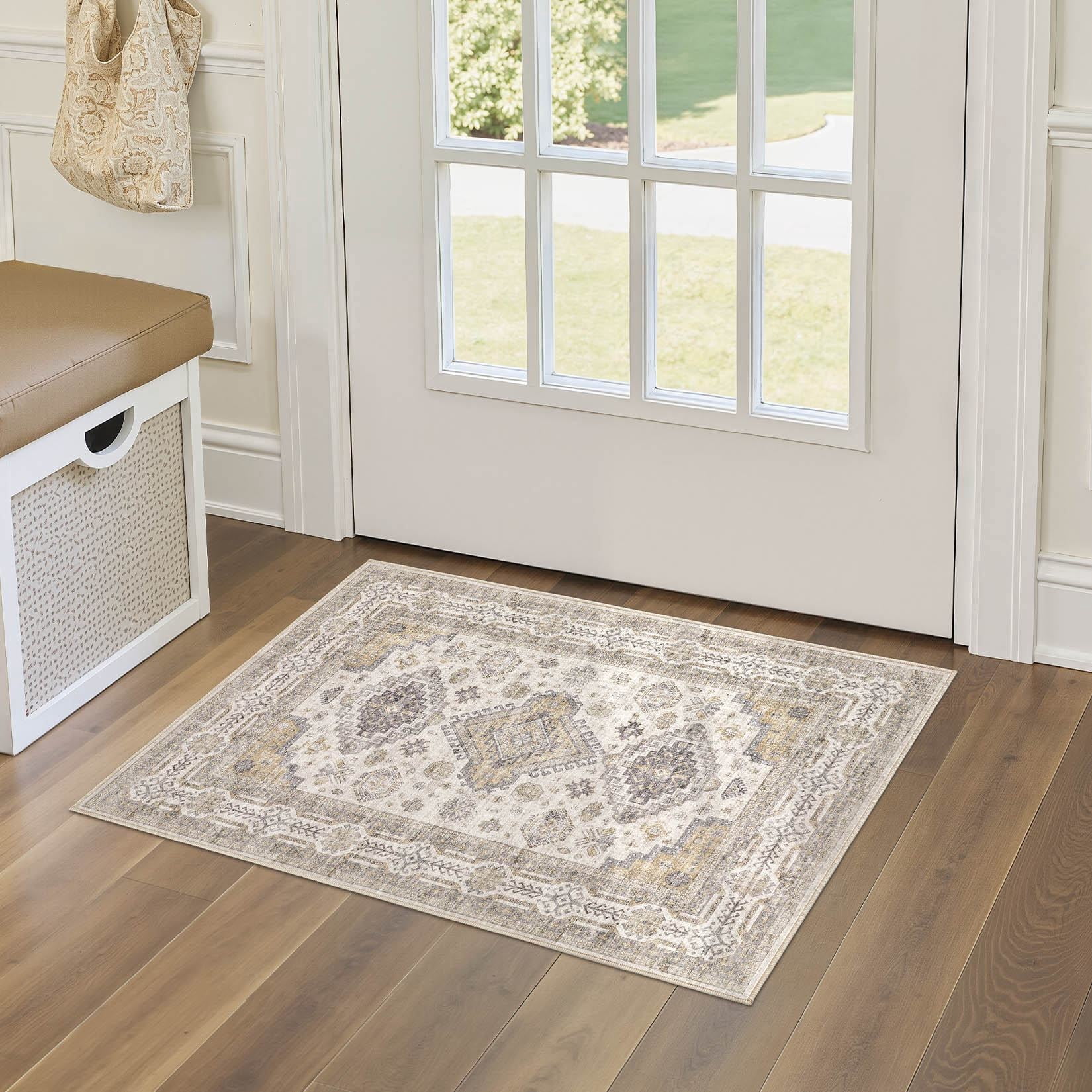 UERMEI 2'x3' Washable Area Rugs for Entryway, Modern and Vintage Non Slip Carpet, Low Pile Indoor Rug for Bathroom Home Decor Carpets, Beige Brown