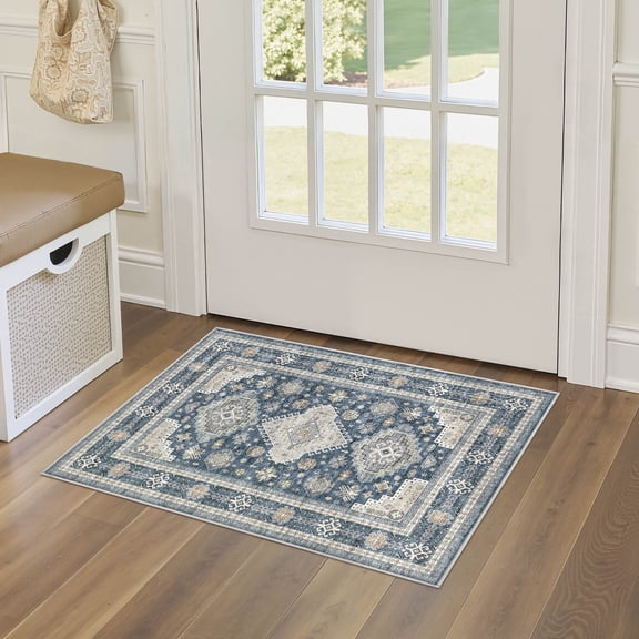 UERMEI 2'x3' Washable Area Rugs for Entryway, Modern and Vintage Non Slip Carpet, Low Pile Indoor Rug for Bathroom Home Decor Carpets, Blue