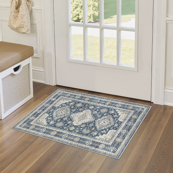 UERMEI 2'x3' Washable Area Rugs for Entryway, Modern and Vintage Non Slip Carpet, Low Pile Indoor Rug for Bathroom Home Decor Carpets, Blue
