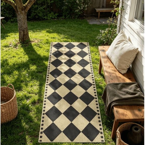 UERMEI 2'x6' Checkered Easy Jute Runner, 2x6 Kitchen Runner Rug Non Slip Washable Outdoor Rug for Entryway Indoor, Checkerboard Black Indoor Outdoor Carpet for Hallway 6ft Entry Front Door