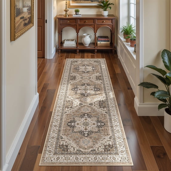 UERMEI 2'x6' Runner Rug for Hallway, Machine Washable Vintage Runner Rug Distressed, Non Slip Kitchen Floor Mat, Low Pile Rugs for Kitchen Halfway Bedroom Laundry Entryway, Brown Beige