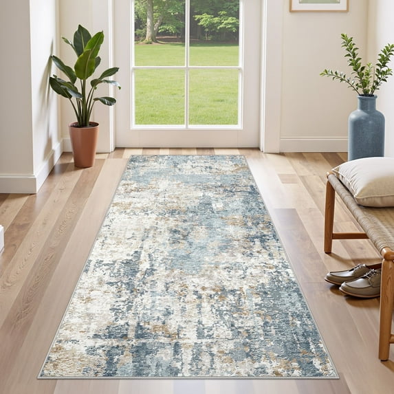 UERMEI 2'x6' Runner Rugs Non Slip, Washable Indoor Rug for Hallway Kitchen Entryway Doormats, Modern Abstract Bedroom Home Decor Carpets, Blue