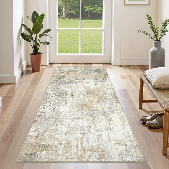 UERMEI 2'x6' Runner Rugs Non Slip, Washable Indoor Rug for Hallway Kitchen Entryway Doormats, Modern Abstract Bedroom Home Decor Carpets,Gray Gold