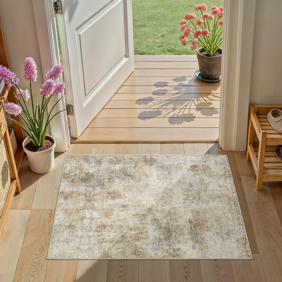 UERMEI 2x3 Washable Area Rugs for Living Room, Modern Abstract Printed Rug, Vacuum-Friendly, Non Slip Indoor Rug for Bedroom Entryway Home Decor Carpet, Gold/Brown