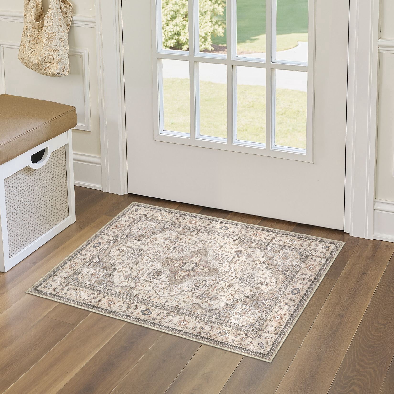 UERMEI 2x3 Washable Area Rugs for Living Room, Modern Vintage Printed Rug, Vacuum-Friendly, Non Slip Indoor Rug for Bedroom Entryway Home Decor Carpet, Beige Brown
