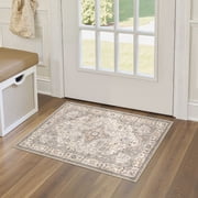 UERMEI 2x3 Washable Area Rugs for Living Room, Modern Vintage Printed Rug, Vacuum-Friendly, Non Slip Indoor Rug for Bedroom Entryway Home Decor Carpet, Beige Brown