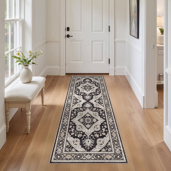 UERMEI 2x6 Washable Runner Rugs for Hallway, Modern Vintage Non Slip Indoor Rug for Entryway Doormats Bedroom Kitchen, Vacuum-Friendly Home Decor Carpet, Beige Brown