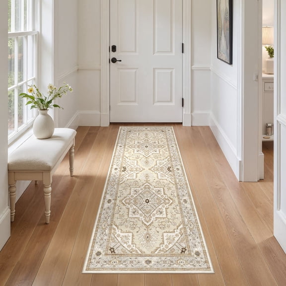 UERMEI 2x6 Washable Runner Rugs for Hallway, Modern Vintage Non Slip Indoor Rug for Entryway Doormats Bedroom Kitchen, Vacuum-Friendly Home Decor Carpet, Beige Brown