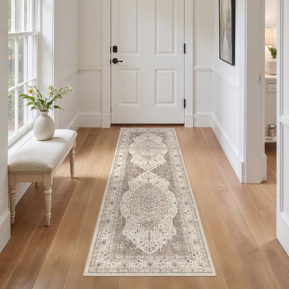 UERMEI 2x6 Washable Runner Rugs for Hallway, Modern Vintage Non Slip Indoor Rug for Entryway Doormats Bedroom Kitchen, Vacuum-Friendly Home Decor Carpet, Beige Brown
