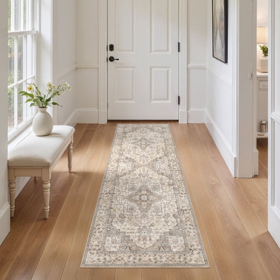 UERMEI 2x6 Washable Runner Rugs for Hallway, Modern Vintage Non Slip Indoor Rug for Entryway Doormats Bedroom Kitchen, Vacuum-Friendly Home Decor Carpet, Beige Brown