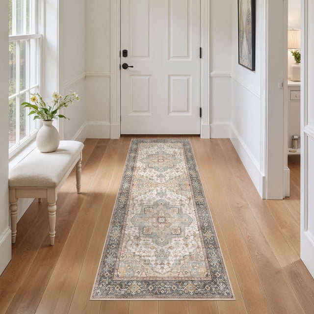 UERMEI 2x6 Washable Runner Rugs for Hallway, Modern Vintage Non Slip Indoor Rug for Entryway Doormats Bedroom Kitchen, Vacuum-Friendly Home Decor Carpet, Black/Sage/Brown